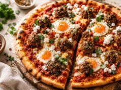 Shakshuka pizza za’atar húsgolyókkal, ami olyan, mintha egy közel-keleti vacsora és egy olasz éjszaka egymásba szeretett volna