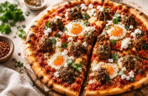 Shakshuka pizza za’atar húsgolyókkal, ami olyan, mintha egy közel-keleti vacsora és egy olasz éjszaka egymásba szeretett volna
