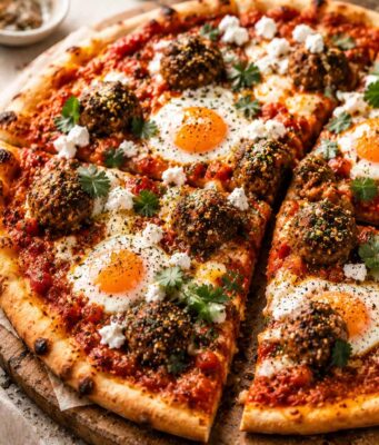 Shakshuka pizza za’atar húsgolyókkal, ami olyan, mintha egy közel-keleti vacsora és egy olasz éjszaka egymásba szeretett volna