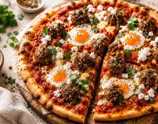 Shakshuka pizza za’atar húsgolyókkal, ami olyan, mintha egy közel-keleti vacsora és egy olasz éjszaka egymásba szeretett volna