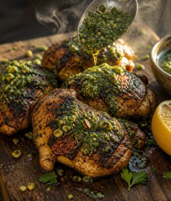 Grillezett fűszeres csirkecomb pisztáciás chimichurrival Grillezett fűszeres csirkecomb pisztáciás chimichurrival