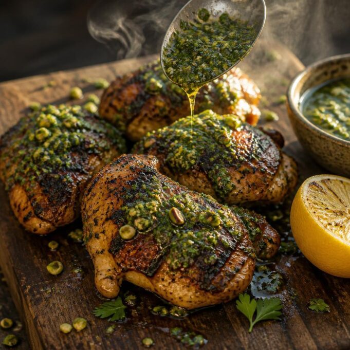 Grillezett fűszeres csirkecomb pisztáciás chimichurrival