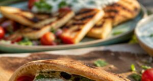 Zhugos grillezett halloumi pita: fűszeres, tzatzikis, ropogós Zhugos grillezett halloumi pita: fűszeres, tzatzikis, ropogós