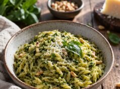 Pestós orzo kolbásszal és pirult paradicsommal egy serpenyőben Pestós orzo kolbásszal és pirult paradicsommal egy serpenyőben