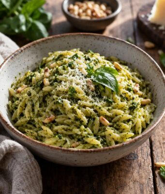 Pestós orzo kolbásszal és pirult paradicsommal egy serpenyőben Pestós orzo kolbásszal és pirult paradicsommal egy serpenyőben