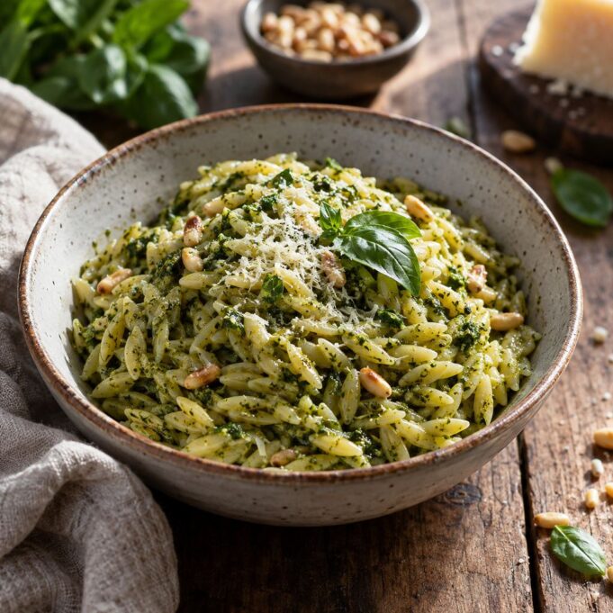 Pestós orzo kolbásszal és pirult paradicsommal egy serpenyőben