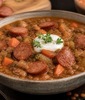 Füstös lencseleves andouille kolbásszal Füstös lencseleves andouille kolbásszal