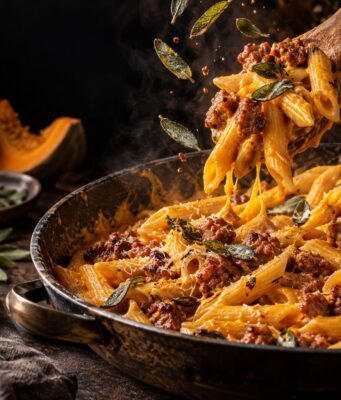 Sütőtökös-kolbászos penne zsályával Sütőtökös-kolbászos penne zsályával
