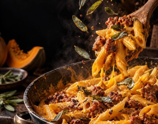 Sütőtökös-kolbászos penne zsályával Sütőtökös-kolbászos penne zsályával